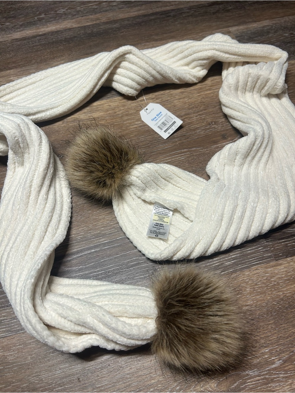 Cream Chenille Scarf with Faux Fur Pom Poms One Size